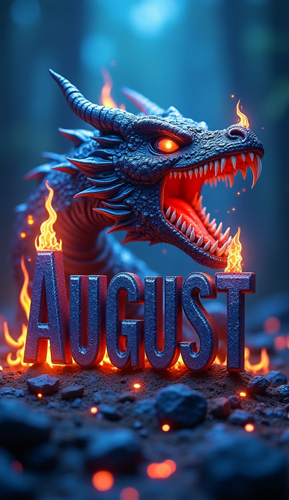 A captivating and vibrant 3D render illustration of the word "August" transformed into a mesmerizing blend of typography and mythical elements. The intricate lettering features a dragon's head roaring open-mouthed, with sharp teeth and eyes aglow. Flames trail down the sides of the lettering, exuding power and intensity. The enchanting deep blue background accentuates the ancient mystique, immersing the viewer in a dark fantasy atmosphere. This high-resolution 8K photo showcases the vibrant colors and detailed textures, making it a breathtaking piece of digital art., typography, vibrant, 3d render, dark fantasy, illustration