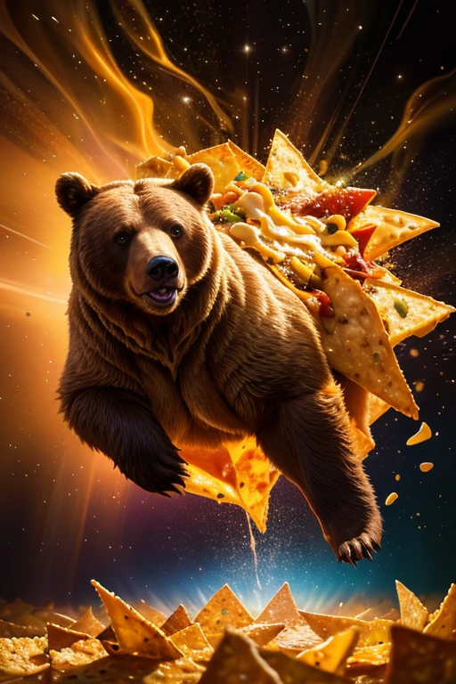  ( perfect anatomy ) a brown bear surrounded by nachos, nacho cheese, nacho chips, nacho bear, prowling through nachos, ethereal and divine, photorealistic, 8k, hyper detailed, dramatic lighting, vibrant colors, surreal and abstract, cheesy holographic effects, dynamic movement(Open your big jaws), In a nacho field, nachos 