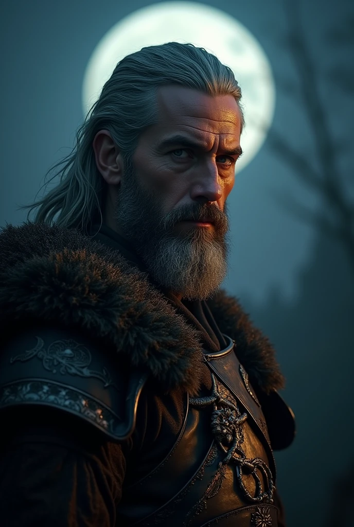 Actor Travis Fimmel (travis fimmel) Geralt of Rivia (Geralt of Rivia) Night portrait of, his face is illuminated by the full moon, He has a beard, Model shooting style (Extremely detailed CG Unity 8K), Full-frame photography of the world&#39;s most beautiful works of art, Medieval wizard armor, Greg Rutkowski&#39;s professional majestic paintings, Popular on artstation, Popular on CGsociety, complex, Very detailed, Be focused, dramatic, Midjourney&#39;s realistic paintings