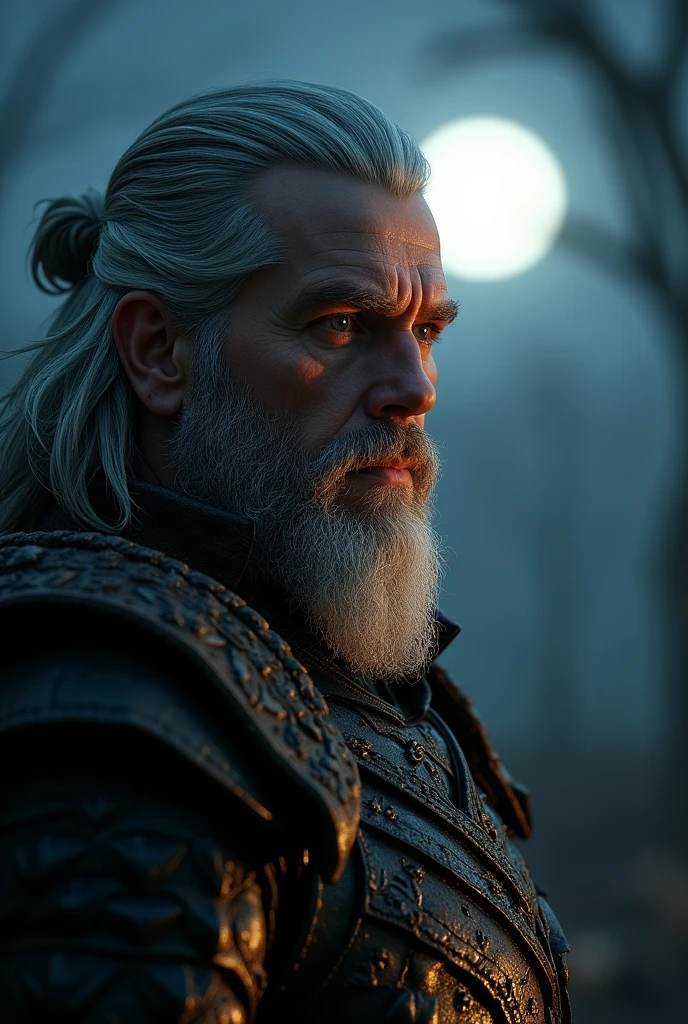 Actor Travis Fimmel (travis fimmel) Geralt of Rivia (Geralt of Rivia) Night portrait of, his face is illuminated by the full moon, He has a beard, Model shooting style (Extremely detailed CG Unity 8K), Full-frame photography of the world&#39;s most beautiful works of art, Medieval wizard armor, Greg Rutkowski&#39;s professional majestic paintings, Popular on artstation, Popular on CGsociety, complex, Very detailed, Be focused, dramatic, Midjourney&#39;s realistic paintings