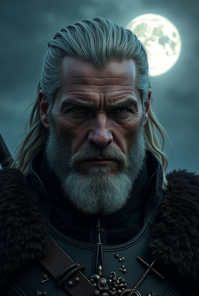 Actor Travis Fimmel (travis fimmel) Geralt of Rivia (Geralt of Rivia) Night portrait of, his face is illuminated by the full moon, He has a beard, Model shooting style (Extremely detailed CG Unity 8K), Full-frame photography of the world&#39;s most beautiful works of art, Medieval wizard armor, Greg Rutkowski&#39;s professional majestic paintings, Popular on artstation, Popular on CGsociety, complex, Very detailed, Be focused, dramatic, Midjourney&#39;s realistic paintings