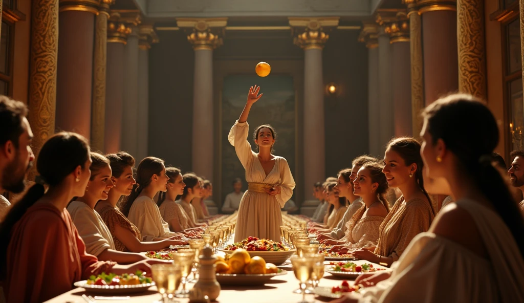 background of a greek wedding where a greek woman is standing on one side of the table and throwing one "Golden colored" apple into the crowd sat on table renaissance time cinematic 3D