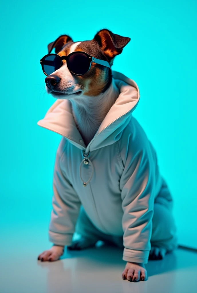 The best cell phone wallpaper, Award-Winning Wallpaper, portrait photography, In the front view is a portrait of a cute dog wearing mid-1960s space age fashion, Side view photo, Shot with Canon EOS R5, Set a strong contrast that accentuates the subject, Fluorescent blue tone, Wearing a very modern coat and sunglasses is a modern 1960s style, Clothes all in one color, beautiful background