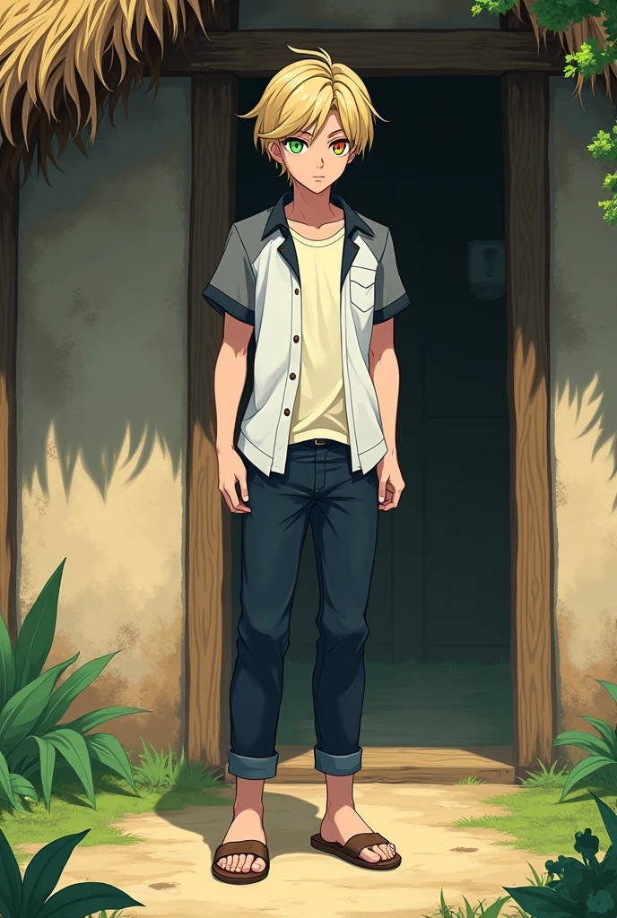 1 fantasy anime boy with short and tidy half-blonde and half-black hair. Shiny green eyes and a red halo around the pupils. White shirt with gray short sleeves and black edges, cream colored t-shirt underneath. The buttons are closed. Standing in front of the door of a house with straw walls and a hay roof. Among the greens and a single big tree facing. Old navy pants and old brown sandals. strong and rather tall body