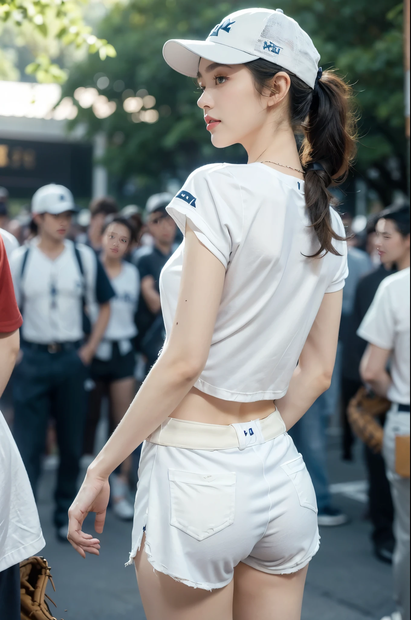 (((best quality))),(((ultra detailed))),(((masterpiece))),illustration,((1 beautiful girl,solo)),(white baseball cap:1.5),(short ponytail:1.2),((slim,thin,graceful)),((towering hips,butt crack)),(summer afternoon:1.3),(at the schoolgate:1.3),bustling,(torn white short-sleeved T-shirt:1.3),(torn navy blue briefs:1.3),(standing:1.3),(bright sunlight:1.2),radiant,breezy,casual style,youthful vitality,delicate features,young people,students,chatting,laughing,vibrant energy,serene tranquility,vibrant rays of sun,captivating atmosphere,(surrounded by crowded crowds:1.3),((from back,upper body))