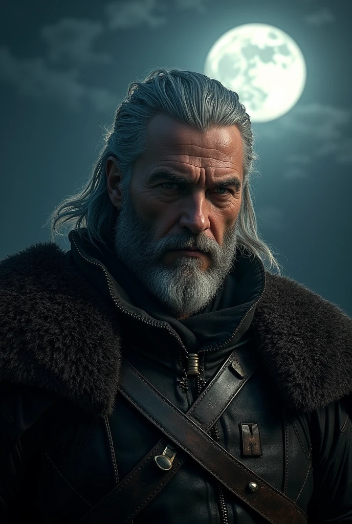Actor Travis Fimmel (travis fimmel) Geralt of Rivia (Geralt of Rivia) Night portrait of, his face is illuminated by the full moon, He has a beard, Model shooting style (Extremely detailed CG Unity 8K), Full-frame photography of the world's most beautiful works of art, Medieval wizard armor, Greg Rutkowski's professional majestic paintings, Popular on artstation, Popular on CGsociety, complex, Very detailed, Be focused, dramatic, Midjourney's realistic paintings