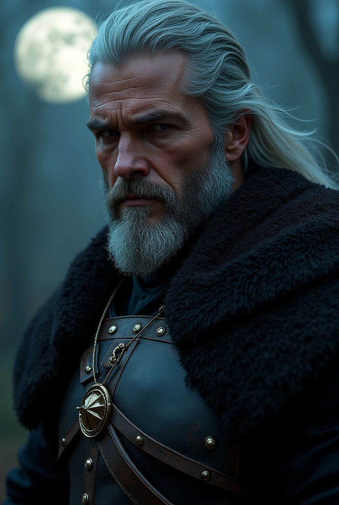 Actor Travis Fimmel (travis fimmel) Geralt of Rivia (Geralt of Rivia) Night portrait of, his face is illuminated by the full moon, He has a beard, Model shooting style (Extremely detailed CG Unity 8K), Full-frame photography of the world's most beautiful works of art, Medieval wizard armor, Greg Rutkowski's professional majestic paintings, Popular on artstation, Popular on CGsociety, complex, Very detailed, Be focused, dramatic, Midjourney's realistic paintings