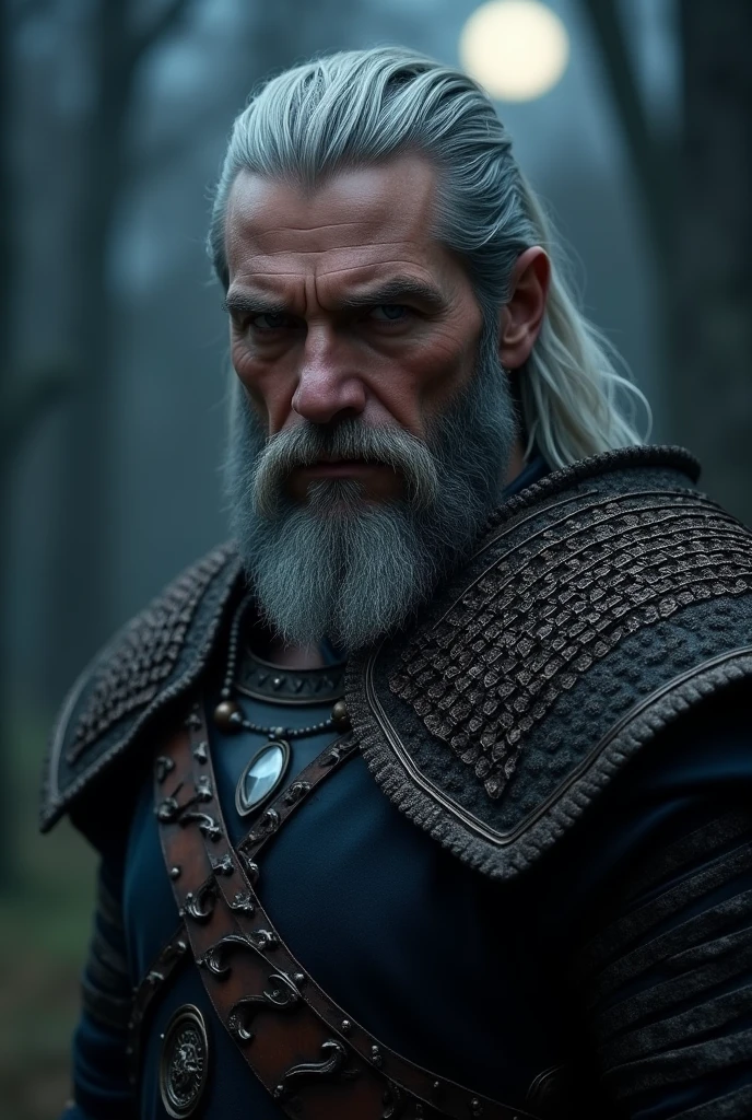 Actor Travis Fimmel (travis fimmel) Geralt of Rivia (Geralt of Rivia) Night portrait of, his face is illuminated by the full moon, He has a beard, Model shooting style (Extremely detailed CG Unity 8K), Full-frame photography of the world's most beautiful works of art, Medieval wizard armor, Greg Rutkowski's professional majestic paintings, Popular on artstation, Popular on CGsociety, complex, Very detailed, Be focused, dramatic, Midjourney's realistic paintings