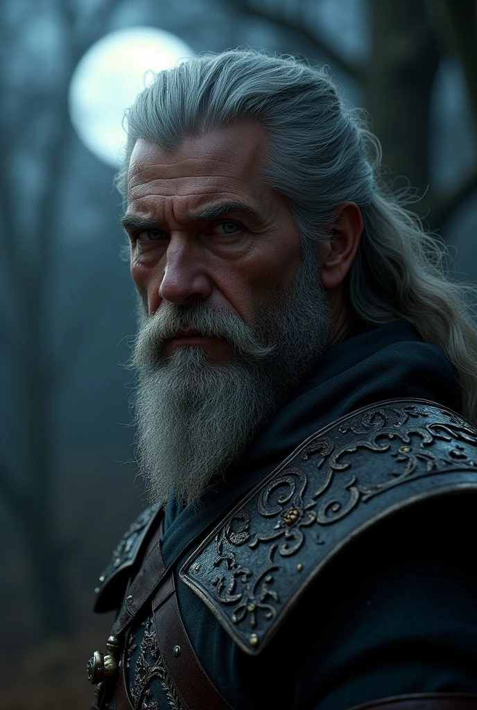 Actor Travis Fimmel (travis fimmel) Geralt of Rivia (Geralt of Rivia) Night portrait of, his face is illuminated by the full moon, He has a beard, Model shooting style (Extremely detailed CG Unity 8K), Full-frame photography of the world's most beautiful works of art, Medieval wizard armor, Greg Rutkowski's professional majestic paintings, Popular on artstation, Popular on CGsociety, complex, Very detailed, Be focused, dramatic, Midjourney's realistic paintings