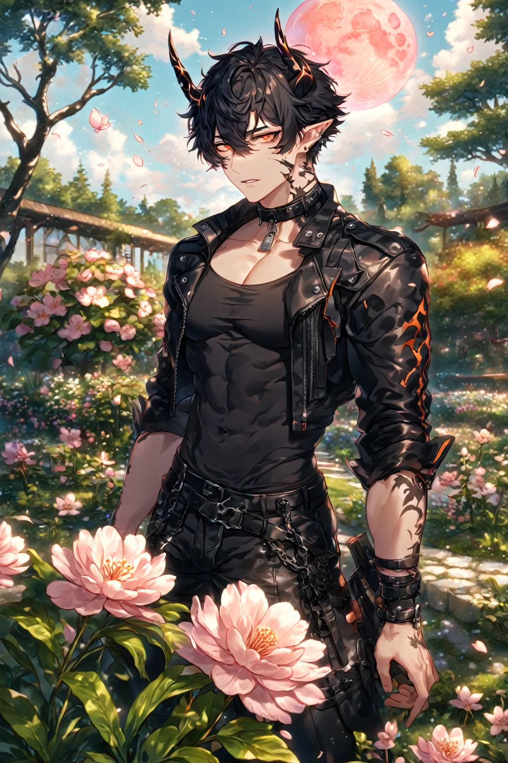 absurdres, highres, ultra detailed, HDR) master piece, best quality, extremely detailed, detailed face, detailed eyes, delicated features, Flamebringer, black hair, expressive orange eyes, Arknights, solo, sexy man, handsome, toned, sensual, black horns, slightly pointed ears, black marks on the face, cropped leather jacket with orange patterns, tight turtleneck shirt, collar, black leather pants, cherry blossoms, garden, pink flowers, fantasy, magical, pink moon, blue sky