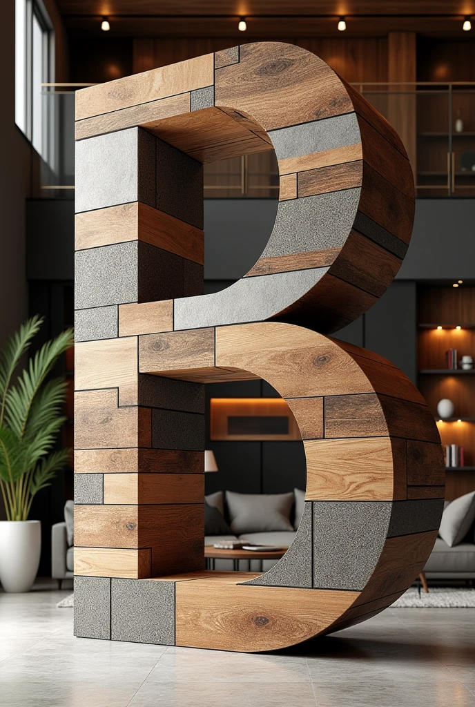A huge letter B tilted made out of "house building materials",background inside view of well designed house with ceiling lights designed walls book shelf tables sofas and table,write boldly "Beemnet's interior Design..." at the bottom