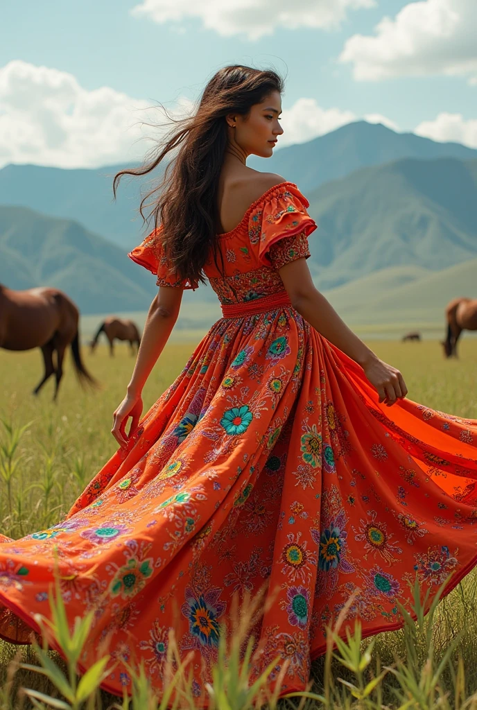 Hello, I would like to create eye-catching dresses for women, allegorical and referents of the plains region, from the plains of Colombia. that they are EYE-CATCHING, that take into account the entire plains culture, music, the food, the horses, and of course the clothing of the plains