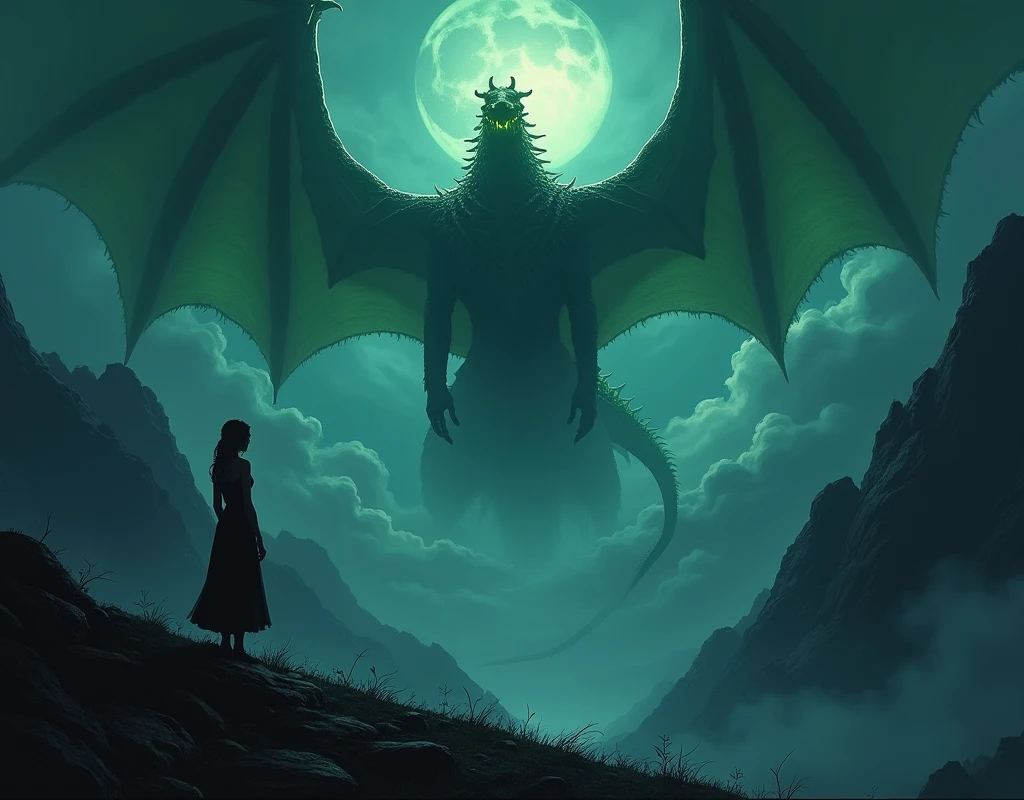 Dark and intense female scene((white hair))A lone man standing on top of a mountain at night. The woman was small and silhouetted against the dark sky., Showing the enormous size of the scene. He looked at the giant dragon&#39;s face., A terrifying dragon is approaching from the sky., Wings spread wide, Glowing eyes and green scales that sparkle in the moonlight. The atmosphere is creepy., There were dark clouds swirling and the mountains were rugged and steep.. The appearance of the dragon is terrifying and powerful., As if it could unleash disaster at any moment..