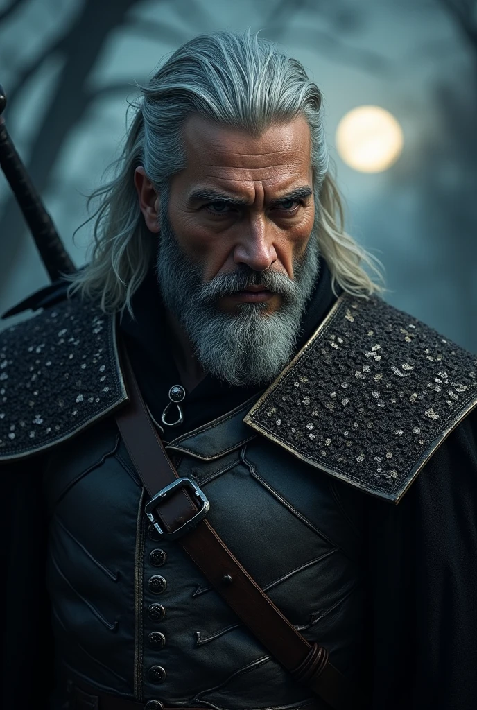 Actor Travis Fimmel (travis fimmel) Geralt of Rivia (Geralt of Rivia) Night portrait of, his face is illuminated by the full moon, He has a beard, Model shooting style (Extremely detailed CG Unity 8K), Full-frame photography of the world&#39;s most beautiful works of art, Medieval wizard armor, Greg Rutkowski&#39;s professional majestic paintings, Popular on artstation, Popular on CGsociety, complex, Very detailed, Be focused, dramatic, Midjourney&#39;s realistic paintings