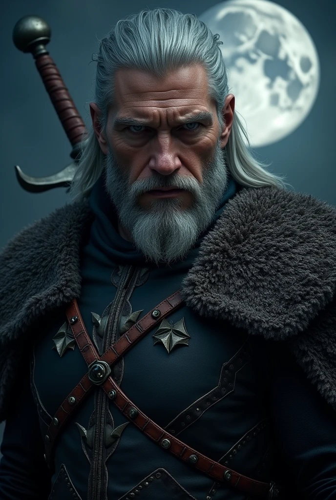 Actor Travis Fimmel (travis fimmel) Geralt of Rivia (Geralt of Rivia) Night portrait of, his face is illuminated by the full moon, He has a beard, Model shooting style (Extremely detailed CG Unity 8K), Full-frame photography of the world's most beautiful works of art, Medieval wizard armor, Greg Rutkowski's professional majestic paintings, Popular on artstation, Popular on CGsociety, complex, Very detailed, Be focused, dramatic, Midjourney's realistic paintings