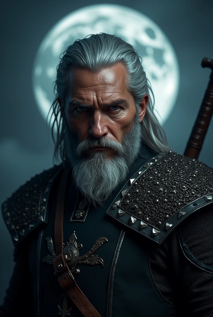 Actor Travis Fimmel (travis fimmel) Geralt of Rivia (Geralt of Rivia) Night portrait of, his face is illuminated by the full moon, He has a beard, Model shooting style (Extremely detailed CG Unity 8K), Full-frame photography of the world&#39;s most beautiful works of art, Medieval wizard armor, Greg Rutkowski&#39;s professional majestic paintings, Popular on artstation, Popular on CGsociety, complex, Very detailed, Be focused, dramatic, Midjourney&#39;s realistic paintings