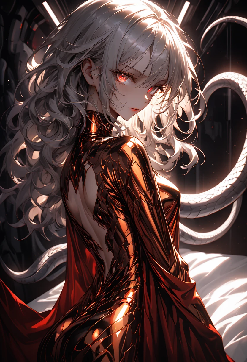 atmosfera sombria sexy In a futuristic space station bedroom, Goku sexy face meiga Sensual curly moicano repicado hair cascading over shoulders, silver serpent eyes sparkling with longing, quase nua e transparente tapa sex com um véu envergonhada figure partially veiled by a gleaming red gold PVC bedsheet, gaze locked onto the camera lens, chiaroscuro effect, soft ambient lighting casting subtle highlights and shadows on the curves and fabric, creating an intimate yet tasteful portrayal, digital painting, high contrast, dynamic composition, octane rendering.