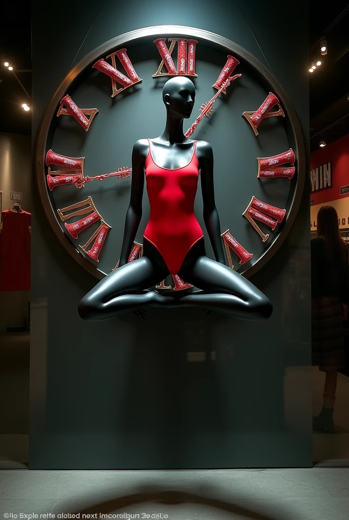 display window with a black mannequin and red swimsuit in a floating yoga position, in the middle of a clock whose hands are coca cola bottles, on a dark background and highlighted in the middle