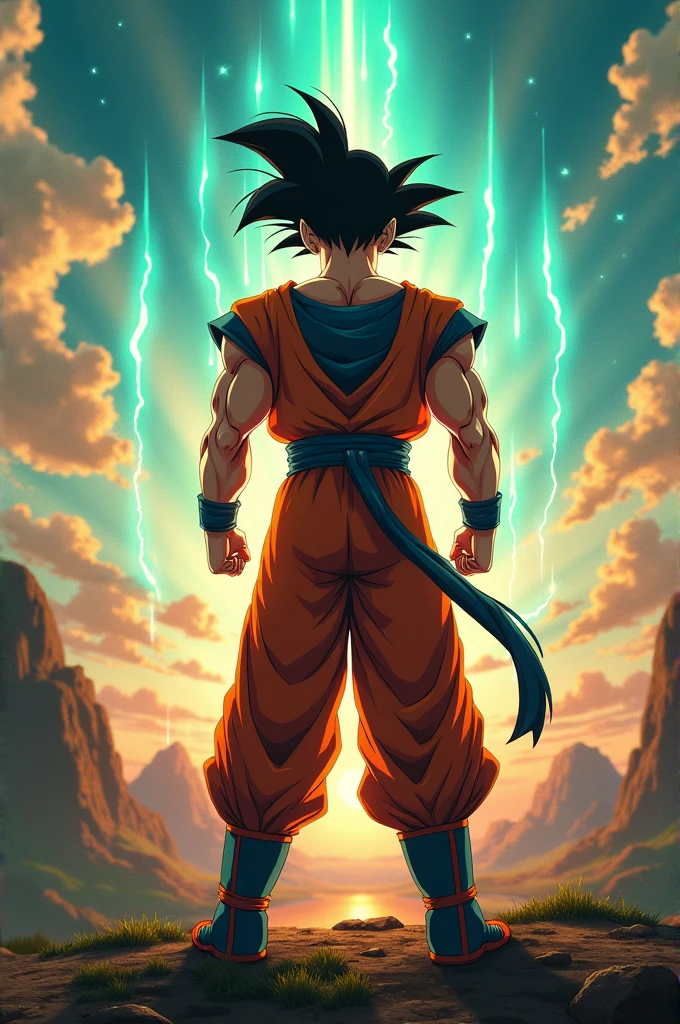 goku standing in front of sunset, ultra realistic reflections, wide angle image, beautiful skies, beautiful sunset, high detailed goku, face towards sun, badass image, destructive image, blue and green energy beems,