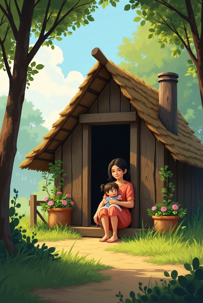 A small hut and a mother and child