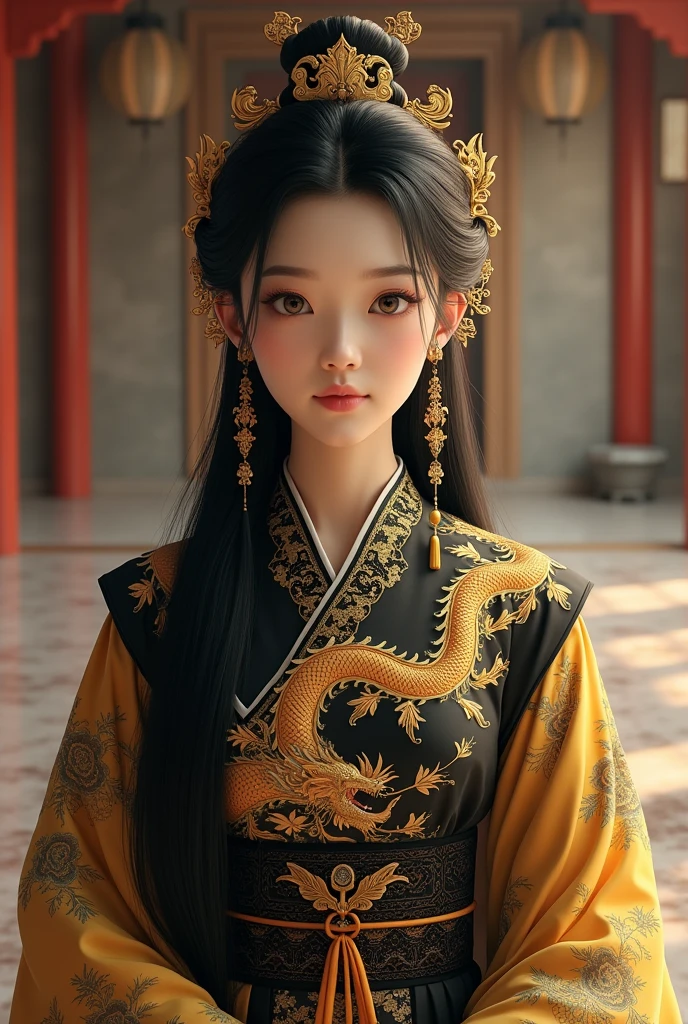 Chinesa, Ancient Costume, vestindo Hanfu, Gold and black Hanfu, Hanfu with Asian dragon pattern, Big time, gold clip, gold accessories,