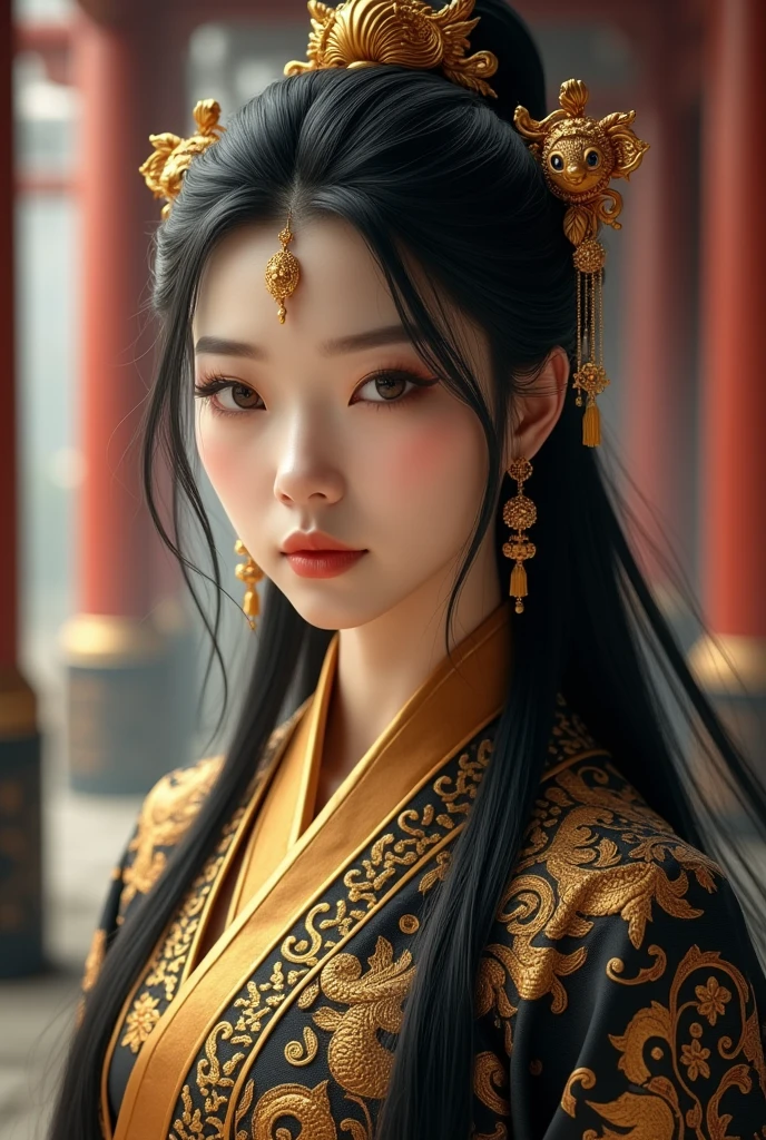  Chinesa, Ancient Costume, vestindo Hanfu, Gold and black Hanfu, Hanfu with Asian dragon pattern, Big time, gold clip, gold accessories,