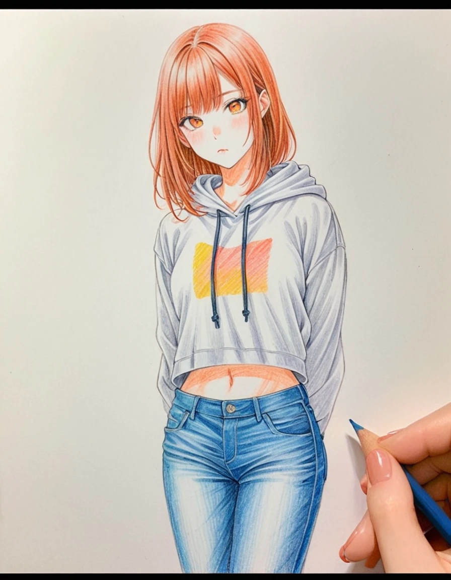 woman, hoodie, Denim pants, art, Colored pencil drawing, draft, White background