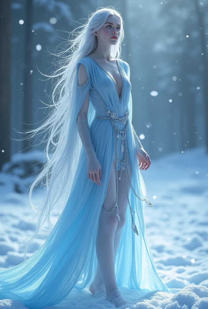 Imagine a tall, slender humanoid being, with a height of around 2 meters. Her skin is pale and translucent., remembering ice under the moonlight, which gives it a soft, ethereal glow in the shadows. Their eyes are deep blue or silver grey., shining as if they contained the essence of a frozen lake. The hair of the Valkyn is long and flows freely., varying in shades between pure white and light blue, moving as if underwater, even when there is no wind.
Clothing and Ornaments: He wears robes or capes made of a material that resembles thin ice., but it moves like fabric. These clothes reflect light in a subtle way., creating an aura of cold luminosity around his figure. Embellishments could include crystal jewels or ice pendants., that hang delicately from their ears or dangle from silver chains.
around: Valkyn are often surrounded by an aura of cold, which creates a light mist of ice and snow around them. This fog follows them wherever they go, creating a perpetual winter atmosphere around you. You can include gently falling snowflakes and a blue glow emanating from your figure..
