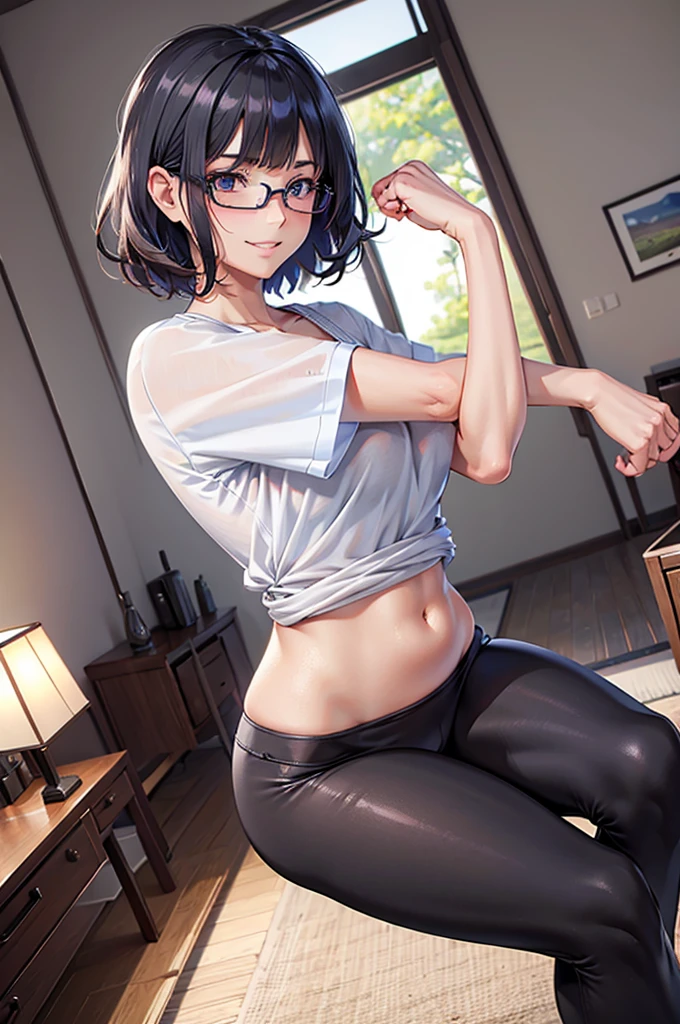 sfw,RAWphoto,photorealistic,8k16k,best quality,perfect anatomy,perfect detailed,ultra highres, extremely detailed eyes and face,gleaming skin,shiny skin,1girl,Japanese,black short hair,pixie cut,parted bangs,forehead,eyewear,round face,medium breasts,chubby,thick thigh,huge hip,wearing T-shirt,half yoga pants,living room,stretch,smile,clenched teeth