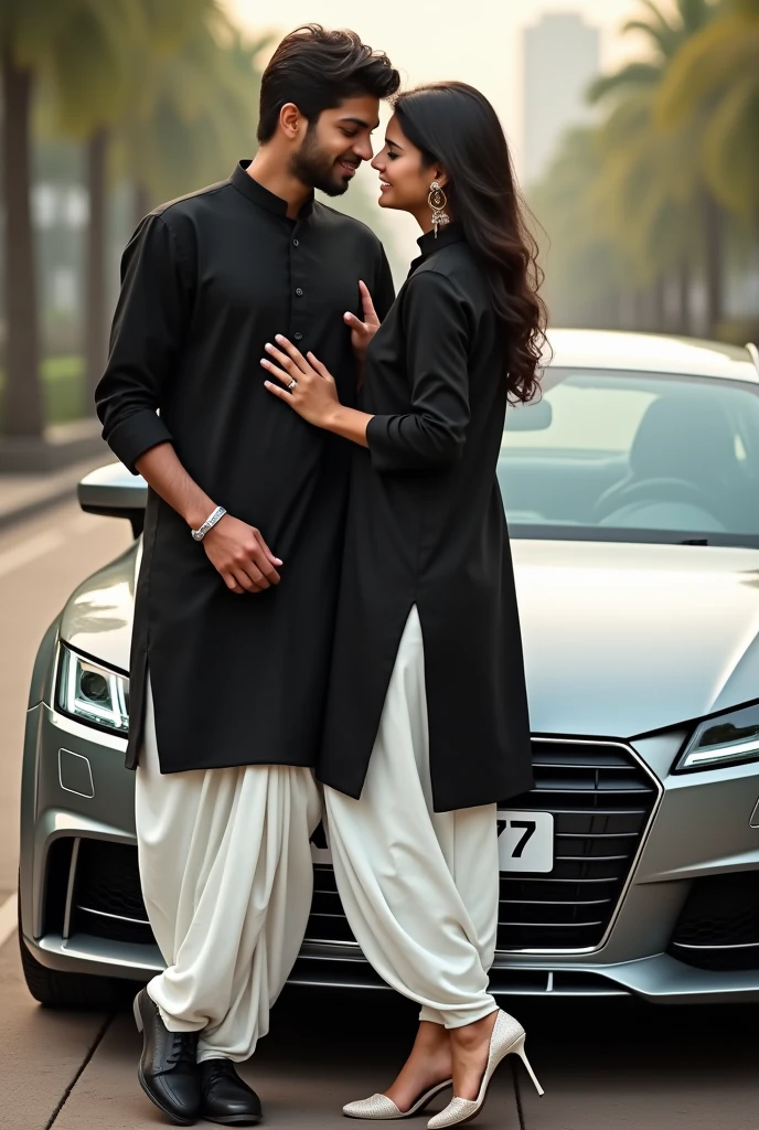 A girl with boy friend and audi tt that car number is KL 66 B 777 that boy with black shirt and white lungi