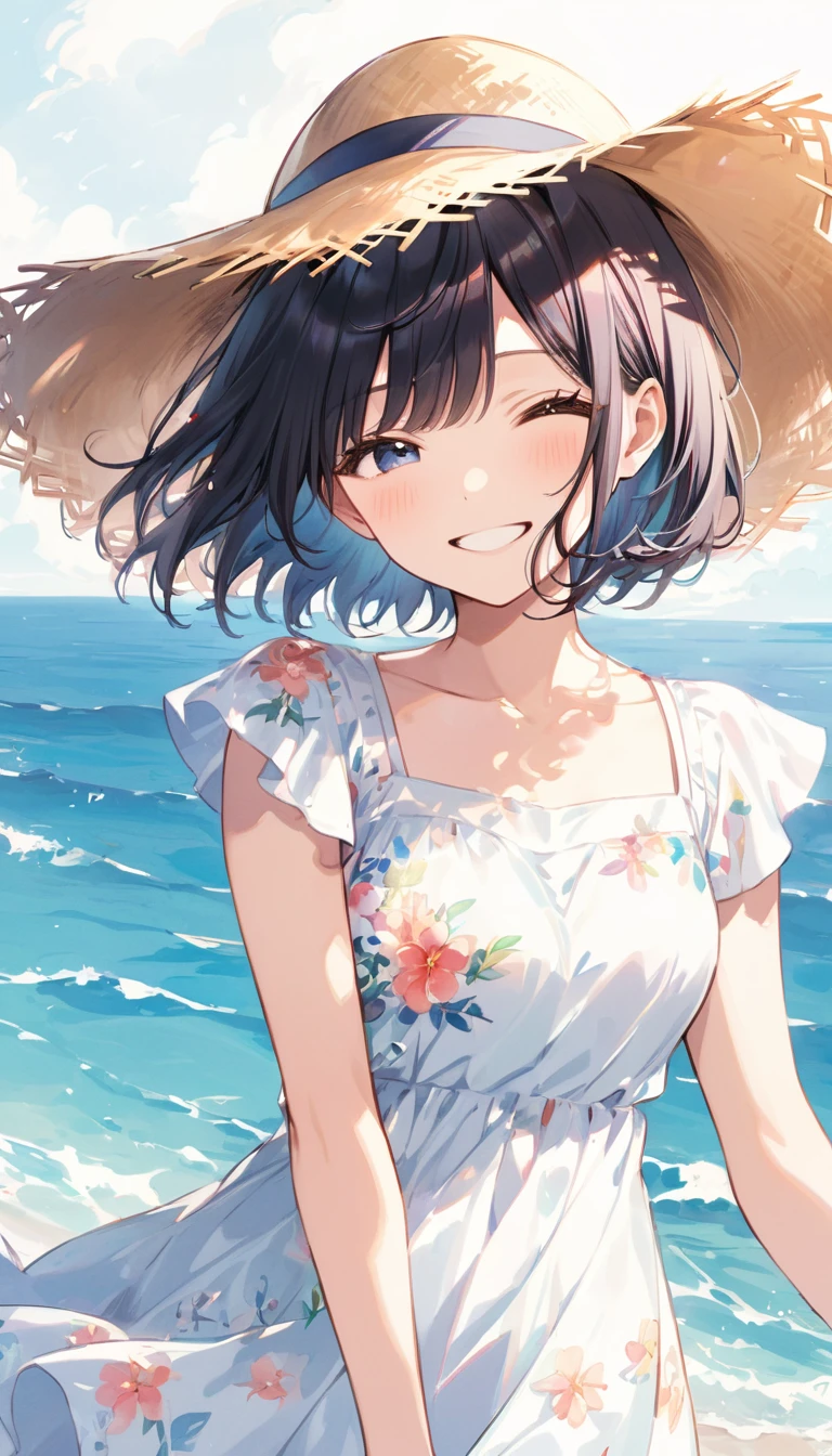 coastal、Black short bob、White floral dress、Straw hat、He turns to me, holds his hat and smiles.