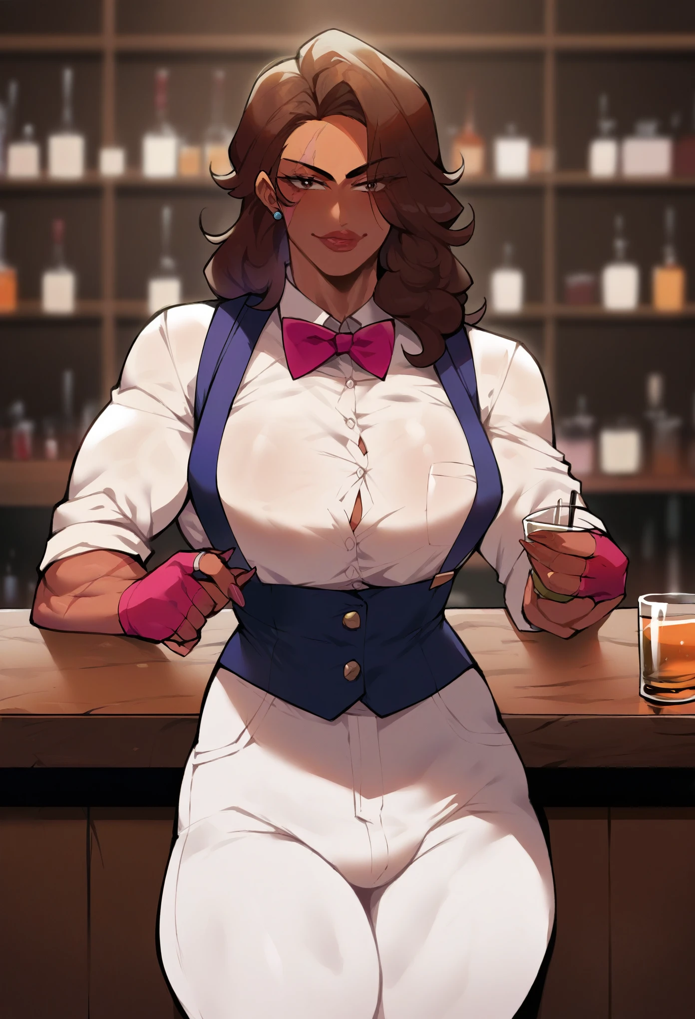 (Score_9, score_8_up, score_7_up, score_6_up), (adult, seductive face, seductive expression), pub, bartender, futanari, Adult woman, holding bourbon, brown skin, scars on arms, long brown hair, brown eyes, tuxedo shirt, rolled sleeves, bowtie, suspenders, white pants, fingerless gloves, muscular arms, anime style, mature, full lips, confident, Nyantcha Style, source_anime, rating_explicit 