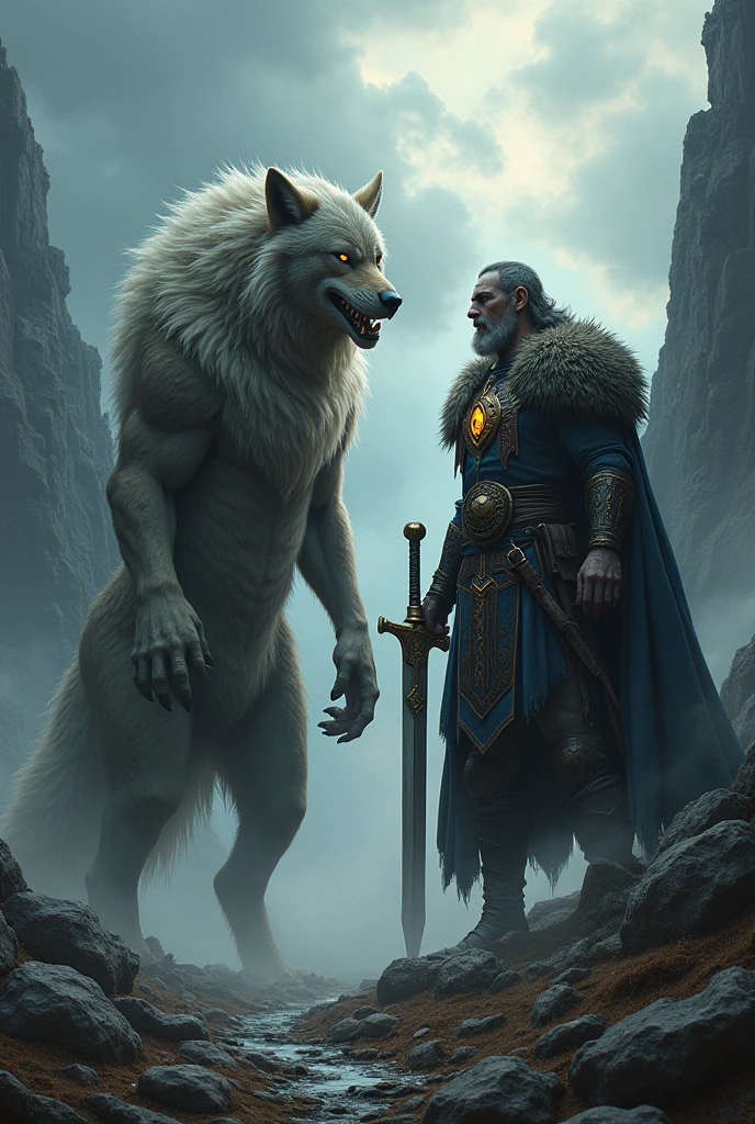 generate image of a mythical creature a wolf fenrir and god of war tyr side by side