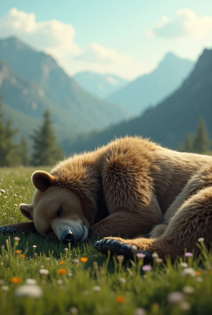 Ultra-realism:1.2、masterpiece、Highest quality、RAW Photos、Film Grain、wallpaper、Spectacular views、(((solo:1.3、Bear、Higuma、close your eyes、惰眠を貪るBear、寝相の悪いHiguma、Sleeping with her belly exposed、夢で何かに怯えるHiguma、ビクッとなるHiguma)))、Sleeping on the grass、Impossible sleeping position