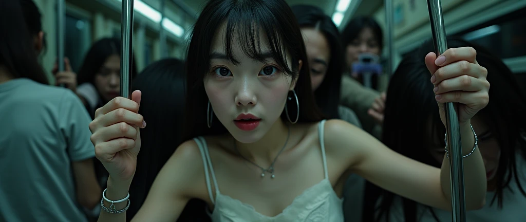 (32K:1.9, Horror depictions:1.9, Highest quality, masterpiece, Ultra-high resolution, Professional random angle camera work:1.5, Highly detailed skin and face textures:1.4), Always accurate, Very detailed, bag, (Cute Japanese Woman, Camisole dress and cardigan:1.6, Incredibly slim body:1.3, areola is not visible:1.4, Big breasts on the verge of collapse), ((Crowded train:2.0, Crazy behavior:1.9, in the train、Two young women hugging a woman from behind:1.7)), belt, Fair skin, elegant, sense of cleanliness, Thin eyebrows, (Surprised:1.0, Puzzled:1.0, A look that shows deep contempt for you:1.3, Big eyes that exude beautiful eroticism:0.4, Please open your mouth a little, lipstick, Feel the beautiful eroticism:1.0, Dark brown medium hair), Earrings, necklace, bracelet, romantic, mysterious, Object of admiration, original, dramatic, artistic, Innovative, charm, Heartful, Fancy, Tilt, sense of loss, special, ((exciting, Extreme, sense of openness, suffering, expressions of suffering)), ((Mistakes of Youth, Feminine charm))