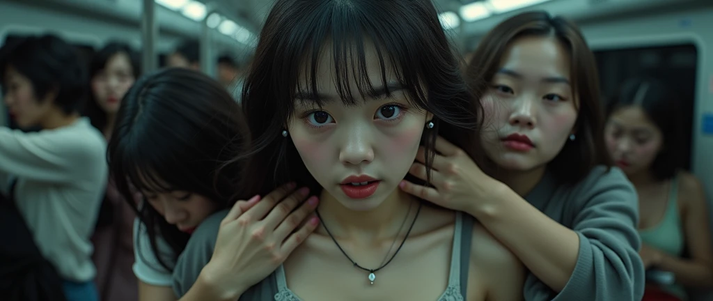 (32K:1.9, Horror depictions:1.9, Highest quality, masterpiece, Ultra-high resolution, Professional random angle camera work:1.5, Highly detailed skin and face textures:1.4), Always accurate, Very detailed, bag, (Cute Japanese Woman, Camisole dress and cardigan:1.6, Incredibly slim body:1.3, areola is not visible:1.4, Big breasts on the verge of collapse), ((Crowded train:2.0, Crazy behavior:1.9, in the train、Two young women hugging a woman from behind:1.7)), belt, Fair skin, elegant, sense of cleanliness, Thin eyebrows, (Surprised:1.0, Puzzled:1.0, A look that shows deep contempt for you:1.3, Big eyes that exude beautiful eroticism:0.4, Please open your mouth a little, lipstick, Feel the beautiful eroticism:1.0, Dark brown medium hair), Earrings, necklace, bracelet, romantic, mysterious, Object of admiration, original, dramatic, artistic, Innovative, charm, Heartful, Fancy, Tilt, sense of loss, special, ((exciting, Extreme, sense of openness, suffering, expressions of suffering)), ((Mistakes of Youth, Feminine charm))