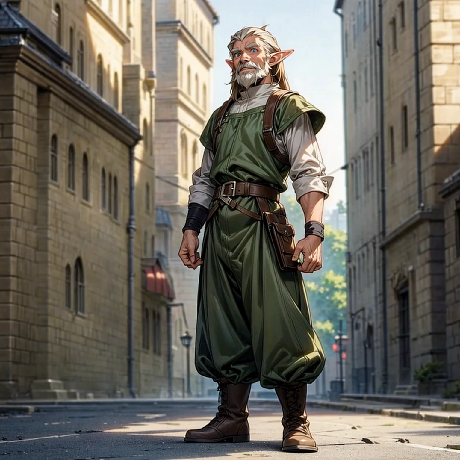 Solo character, full body version, old man, white beard, muscle, (elf), blue eyes, brown color hair, long hair, casual clothing, belt, long pants, boots, outdoor, town, medieval, standing gesture, detailed background, detailed clothing, detailed hair, happy, Makoto shinkai style art)