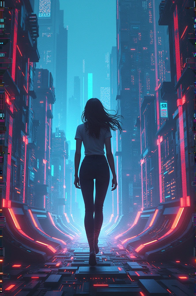 Draw a picture of a woman traveling in the cyber world