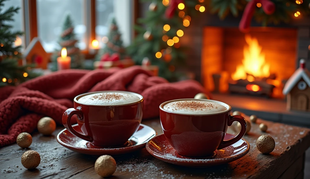 a cozy winter scene, mugs of hot coffee latte, intricate christmas ornaments, warm fireplace, twinkling string lights, snowy pine trees, gingerbread house, stacks of holiday presents, festive garlands, candles flickering, plush throw blankets, (best quality,4k,8k,highres,masterpiece:1.2),ultra-detailed,(realistic,photorealistic,photo-realistic:1.37),highly detailed,cinematic lighting,warm color palette,christmas aesthetic,holiday vibes,cozy and inviting