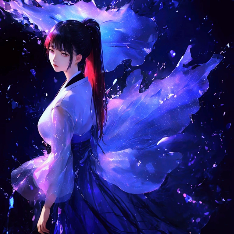 A photograph of a young Korean woman with a long red ponytail, wearing a blue and purple outfit made of metallic liquid chiffon material, standing in front of a broken mirror or glass background. She is posed in a dynamic and dramatic way, with the shattered glass reflecting and refracting the light in interesting ways. The image is crisp and realistic, showcasing the beauty and elegance of the subject.