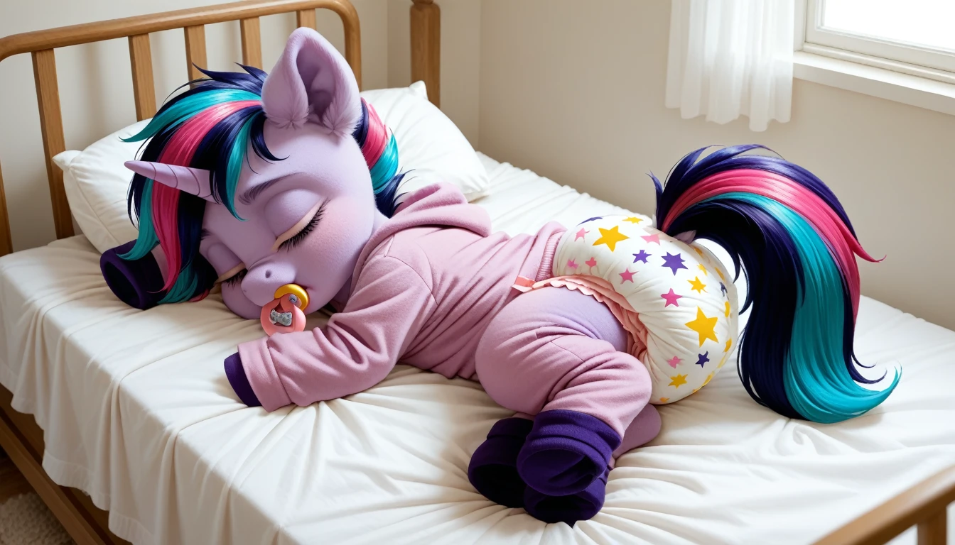 pony, purple unicorn, dark blue mane with purple streak and pink streak, the tail is dark blue with a purple strand and a pink strand, closed eyes, on the side close to the back hoof is a drawing of a pink star with six small stars around a central star, adult mare, sleeps in an adult-sized crib, wearing an adult-sized onesie and booties, baby adult size pacifier in mouth, solo, thick diaper under clothes.