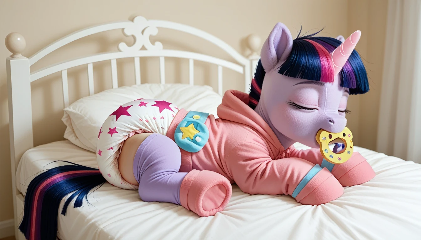 pony, purple unicorn, dark blue mane with purple streak and pink streak, the tail is dark blue with a purple strand and a pink strand, closed eyes, on the side close to the back hoof is a drawing of a pink star with six small stars around a central star, mare, sleeps in an adultd crib, wearing an adult-sizesie and booties, baby adult size paciin mouth, solo, thick diaper under clothes.