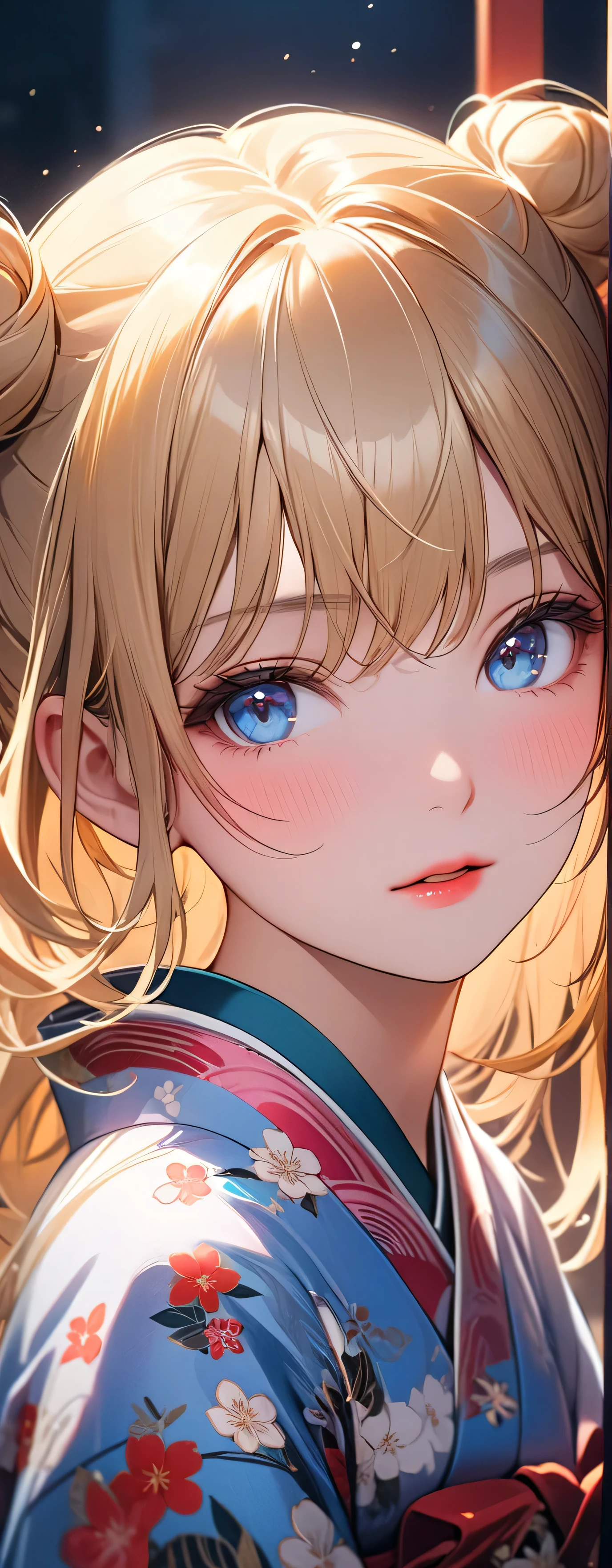 (beautiful girl: 1.3),1girl,masterpiece, Highest quality, Ultra-high resolution,Rich contrast,super high quality,8k,Highly detailed CG unit wallpaper,texture,Unbelievably absurd,Ultra-high resolution,RAW Photos,Depth of Field 1.2,double buns,blonde,Light blue eyes,(Beautiful and detailed kimono),blush,White skin,blonde,Long Hair,Beautiful glossy lips