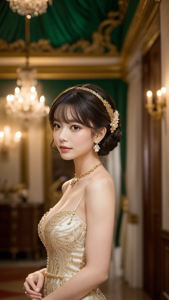 masterpiece, Highest quality, figure, Very detailed, In detail, High resolution, 8k wallpaper, Perfect dynamic composition, Beautiful attention to detail, slender, Medium-sized breasts with a high firmness, A clean and mature face, ((Mouth open, Shy expression, Blushing), (((Photo taken from a distance, from the front))), A lavish and sophisticated ball scene, A gorgeous chandelier shines on the ceiling., The sparkle of the crystals illuminates the entire hall in a fantastic way., Wide々The Baroque-style hall, Decorated in gold and cream, The walls are decorated with beautiful frescoes, In the center is, A woman wearing a long, lustrous satin dress, The dress is deep emerald green., 優雅にWideがるスカートが彼女の動きに合わせて流れるように揺れる, Accessorize with a diamond necklace and earrings., Adds a noble glow, Her hair was tied in a classic updo., It exudes a feminine and elegant atmosphere., The attendees filling the hall were also々dressed in elaborate costumes, Every moment is filled with cinematic splendor.