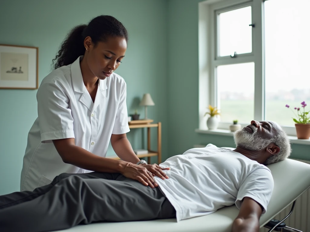 NSFW, Photo brute 8k, Meilleure qualité, chef-d&#39;œuvre, ultra haute résolution, grain de film, film, 1 keynésien africain éffectuant un massage de l'arthrose de la cuisse , 1 homme âgé africain , le kynésien fait un massa à la cuisse  à l'homme âgée qui est allongé sur une table de massage les bras bien allongés dans une pièce d'hospitalisation, le kynésien est habillé en blanc , l'homme âgée habillé normalement 