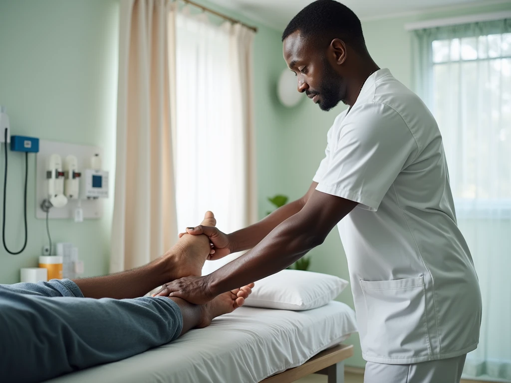 NSFW, Photo brute 8k, Meilleure qualité, chef-d&#39;œuvre, ultra haute résolution, grain de film, film, 1 keynésien africain éffectuant un massage de l'arthrose de la cuisse , 1 homme âgé africain , le kynésien fait un massa à la cuisse  à l'homme âgée qui est allongé sur une table de massage les bras bien allongés dans une pièce d'hospitalisation, le kynésien est habillé en blanc , l'homme âgée habillé normalement 