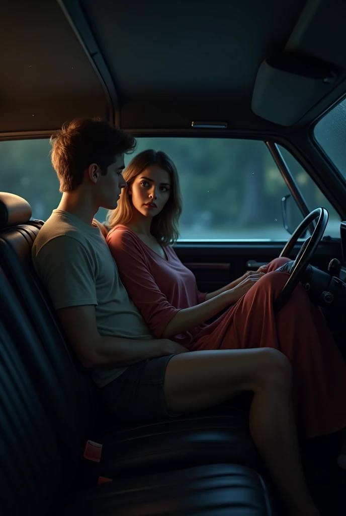 At night, one handsome 1 boy wears tshirt shorts sitting on back seat of the car and 40 year old woman is sitting on that boy's lap. That woman wears kurta and slack.