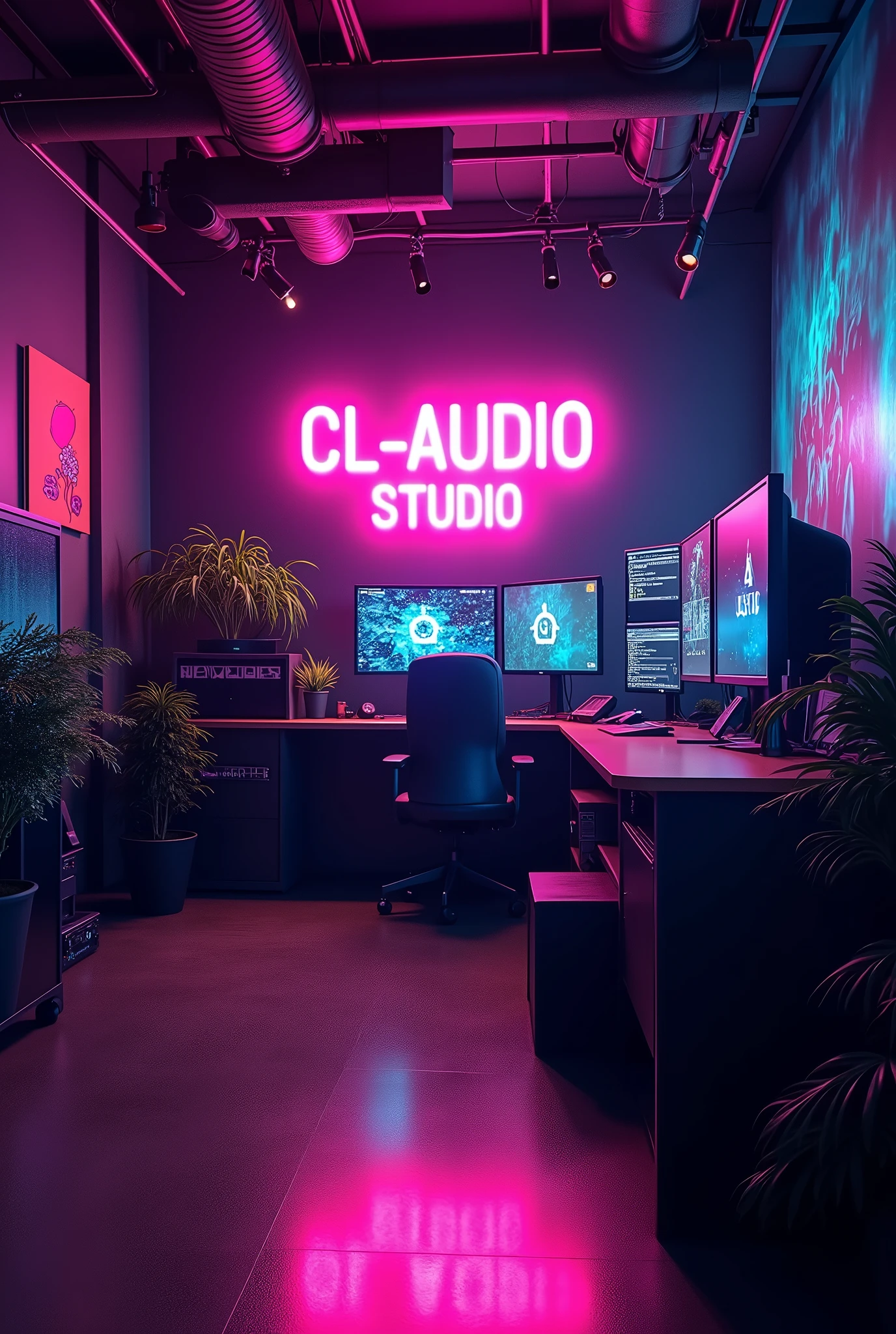 Fait moi un arrière plan de streamer avec écrit "CL-Audio STUDIO" sur le mur, in neon lights