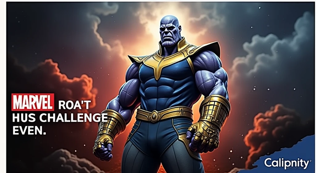 center image: Use an imposing image of Thanos, perhaps with him holding the Infinity Gauntlet in a powerful pose. This can symbolize the power and determination needed to overcome challenges..

fund: A dynamic and energetic background that can include an energy effect or explosion around Thanos to convey the idea of awakening and potential.

texto: Make the video title clear and impactful, using a font that matches Thanos&#39; epic theme. You can use vibrant colors for the text, como vermelho ou amarelo, to get attention.

Additional Elements: Add some icons or graphics that represent growth and success, like ascending graphs or achievement symbols.

General Style: Maintain a grand and epic visual style, aligned with Thanos&#39; personality, but which also conveys the message of motivation and overcoming.