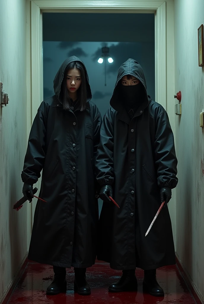2 korean girls, (holding knife, leather balaclava mask), stabbing, black leather gloves, entrance of the house, black raincoat, girl only, bloody knife, leather gloves, looking at viewer, white room, blood splatter, night, mass murderer, killer, blood splatter, bloody room